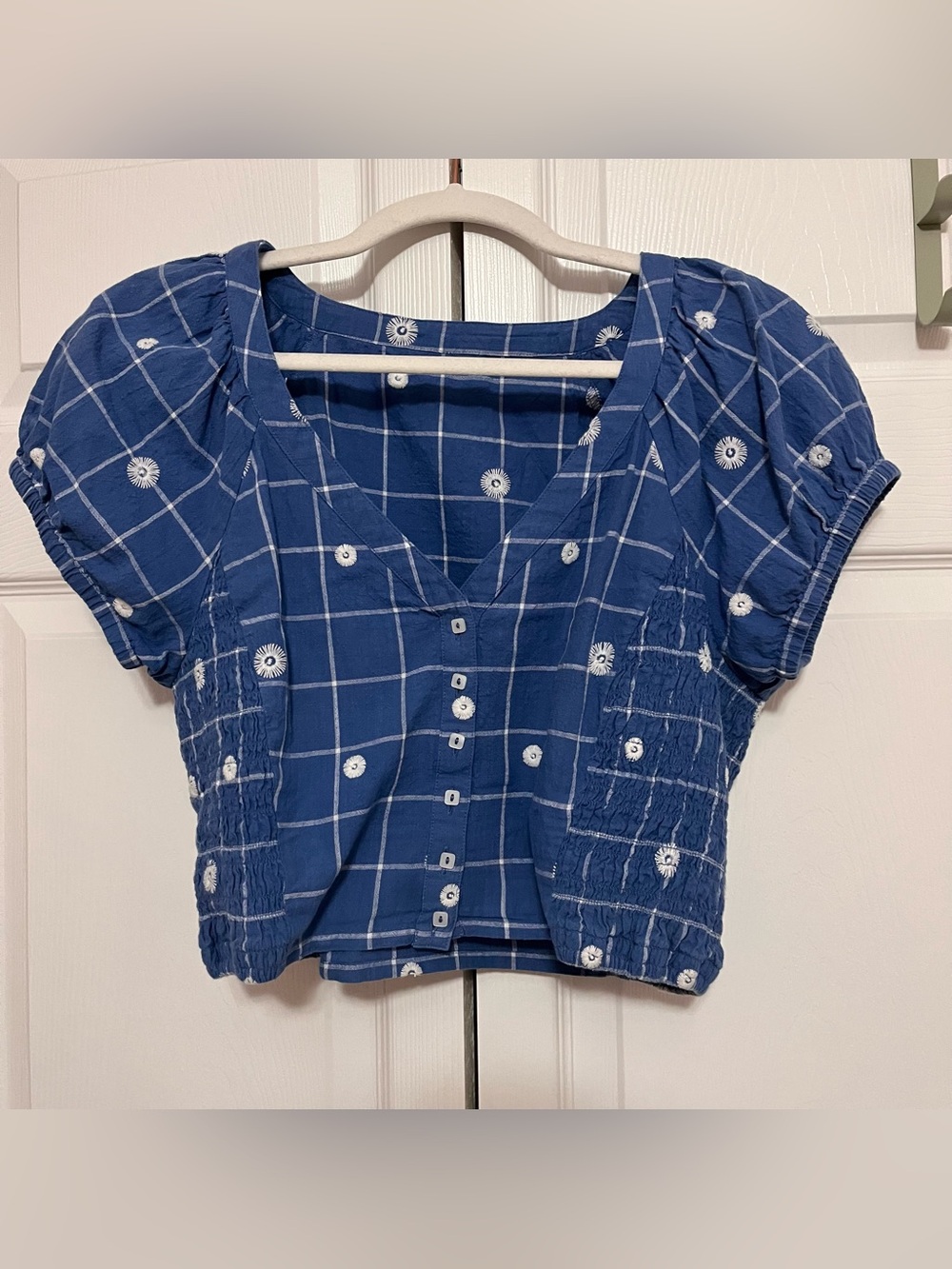 Blue Madewell Cropped Button Top with Embroidered Detail